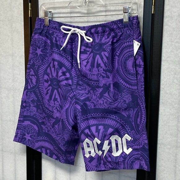 AC DC Tie Front Pockets Swim Trunk Board Shorts 18” Purple Abstract NWT - Picture 3 of 12